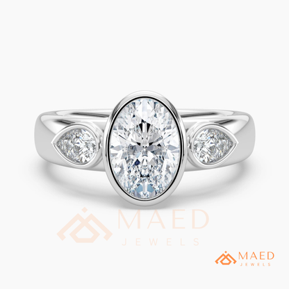 Bezel Set Oval Engagement Ring with Pear Side Stones in Silver, 14K Gold, & 14K Rose Gold