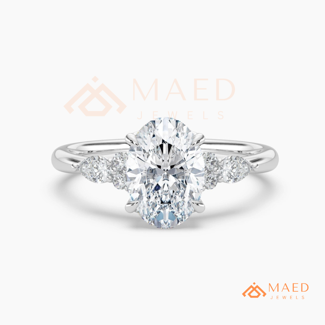 Oval Cut Engagement Ring with Pear and Round Cluster Band in Silver, 14K Gold, & 14K Rose Gold