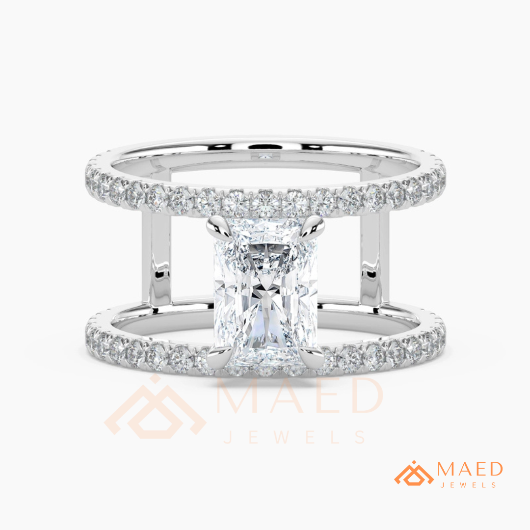 Radiant Cut Double Band Engagement Ring | Floating Open Spacer Pavé Cuff