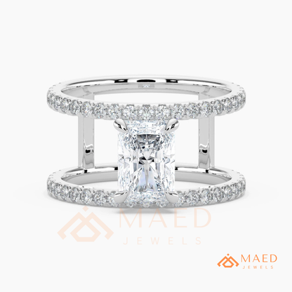 Radiant Cut Double Band Engagement Ring | Floating Open Spacer Pavé Cuff