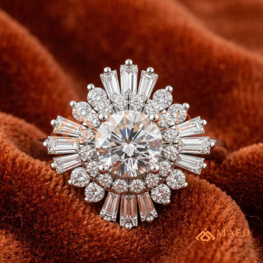 Vintage Art Deco Starburst Halo Ring in Sterling Silver, 14k Gold, or 14k Rose Gold
