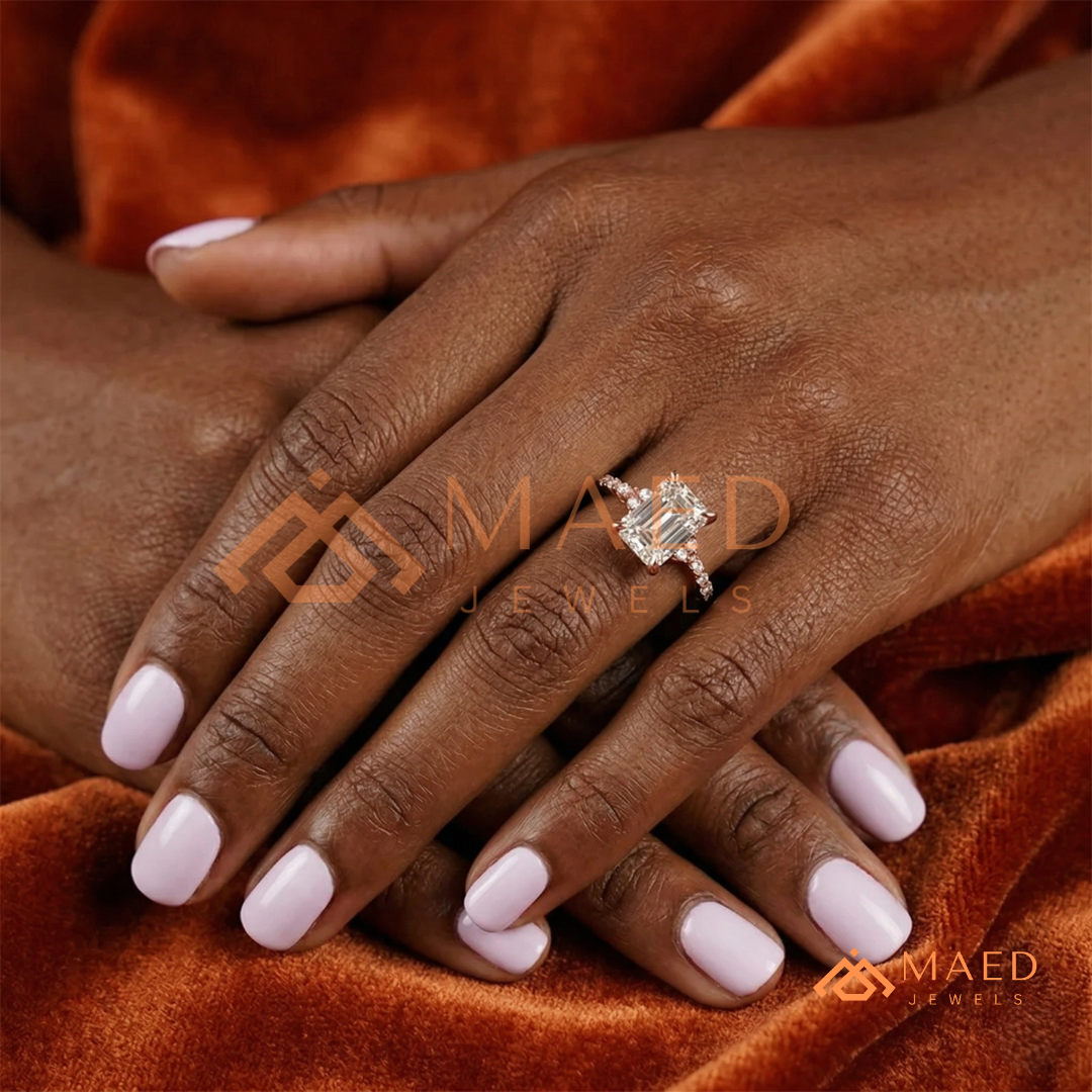 Radiant Cut Engagement Ring | Marquise & Round Cluster Band in 14K Gold, Rose Gold & Sterling Silver