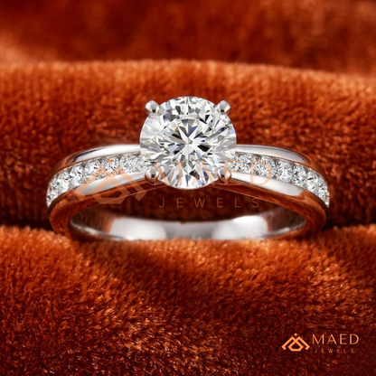 Round Brilliant Solitaire Engagement Ring with Channel Set Band – Sterling Silver, 14K Gold, or 14K Rose Gold