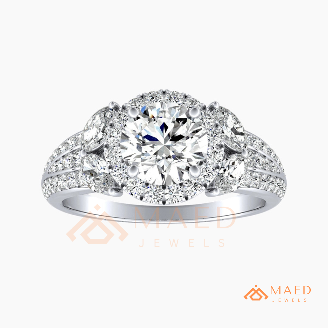 Radiant Halo Engagement Ring with Marquise Side Stones & Pavé Band