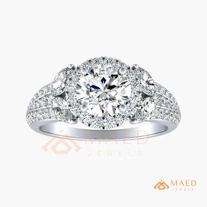 Radiant Halo Engagement Ring with Marquise Side Stones & Pavé Band
