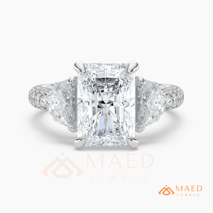 Classic Radiant Cut Three-Stone Engagement Ring with Half-Moon Side Stones in Silver, 14K Gold & Rose Gold