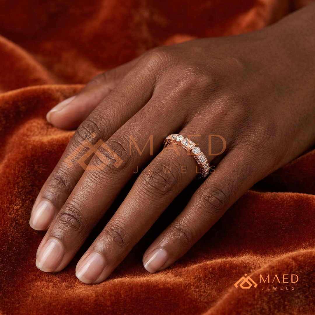 Vintage Alternating Baguette and Round Cut Diamond Wedding Band in Sterling Silver & 14K Gold
