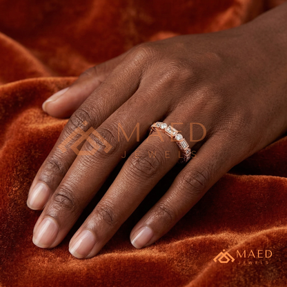 Vintage Alternating Baguette and Round Cut Diamond Wedding Band in Sterling Silver & 14K Gold