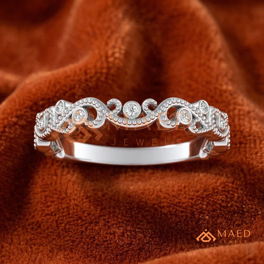 Vintage Filigree Milgrain Wedding Band in Silver, 14K Yellow & Rose Gold