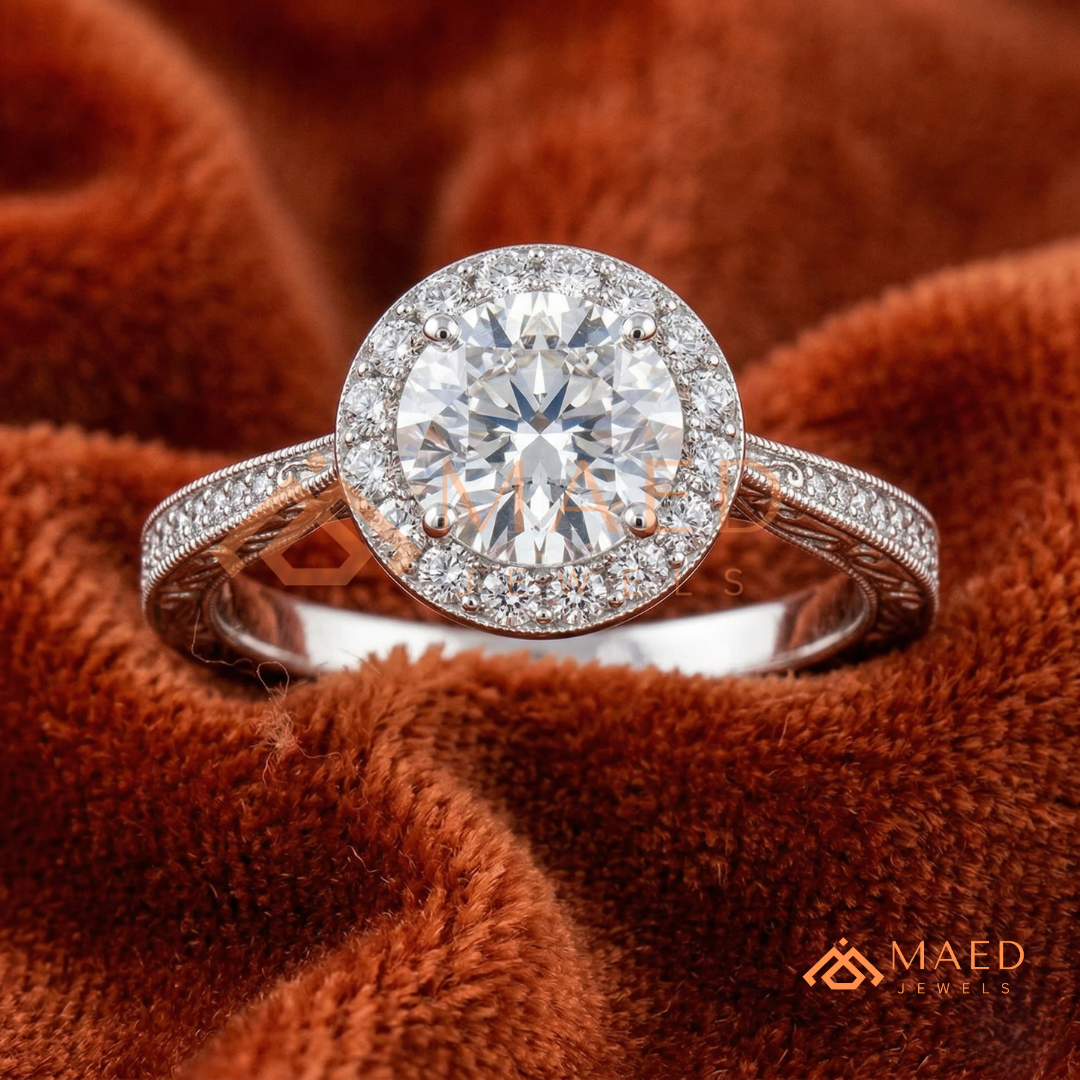 Vintage Milgrain Halo Diamond Simulant Ring in 14K Yellow Gold, Rose Gold & Silver