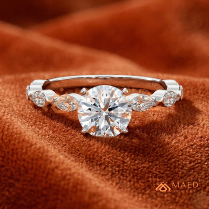Round Cut Engagement Ring with Marquise Accent Cluster Band in 14K Gold, Rose Gold & Silver