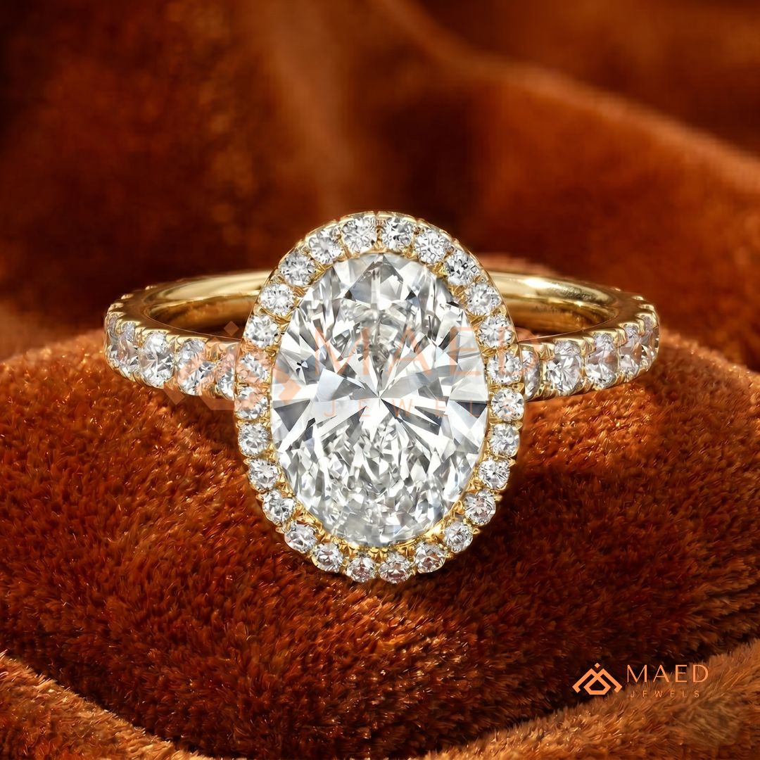 Oval Cut Halo Engagement Ring with Pavé Band in Silver, 14K Gold, & 14K Rose Gold