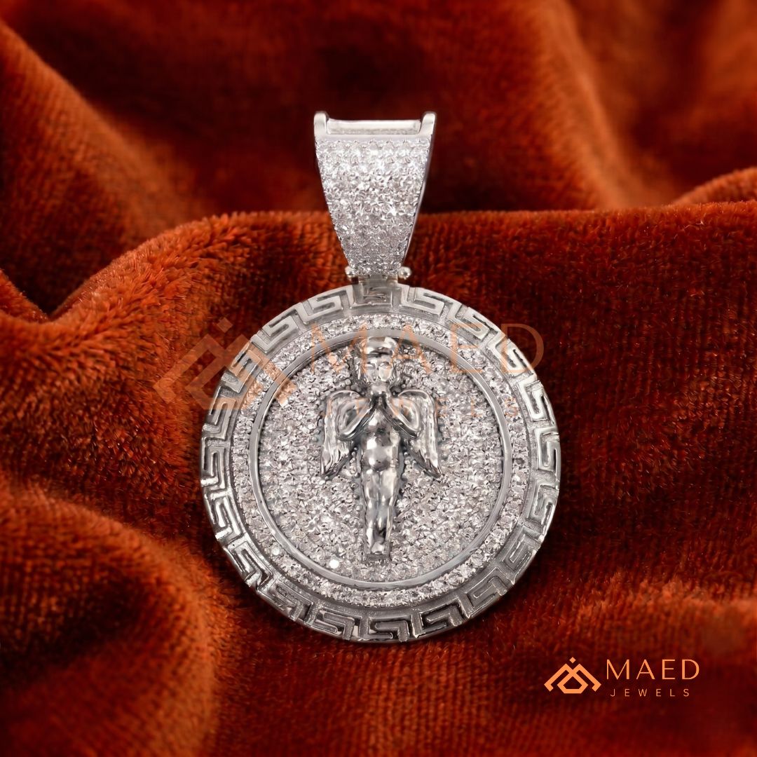 925 Sterling Silver Micro Pave Angel Medallion Pendant with Greek Key Border