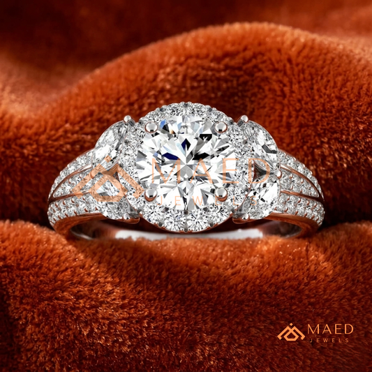 Radiant Halo Engagement Ring with Marquise Side Stones & Pavé Band