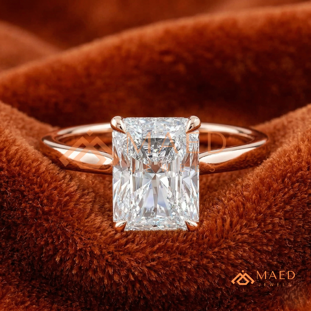 Classic Radiant Cut Solitaire Engagement Ring with Hidden Halo in Silver, 14K Gold & Rose Gold