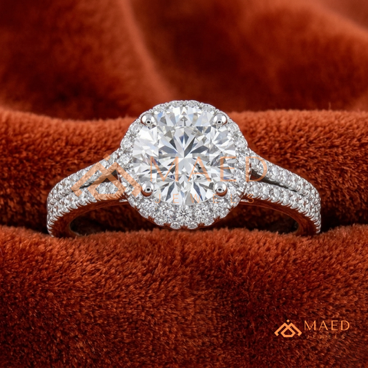 Round-Cut Halo Engagement Ring with Split-Shank Pavé Band