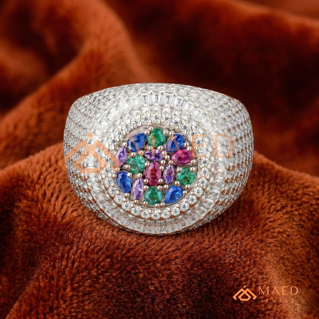 Heavy Multi-Color Iced Medallion Ring – 925 Silver, 14K Gold & Rose Gold