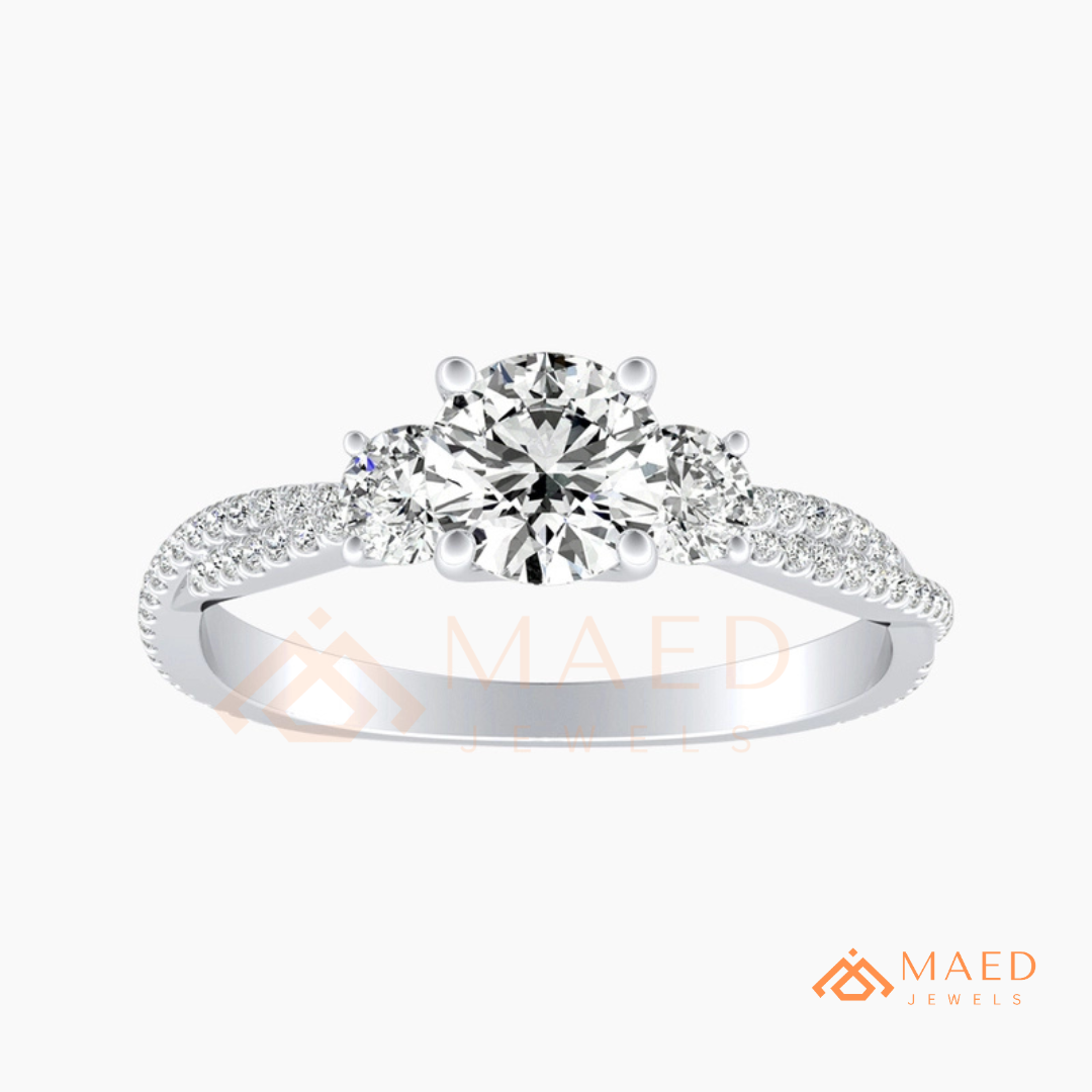 Round Cut 3-Stone Engagement Ring with Twisted Pavé Band in Silver, 14K Gold, & 14K Rose Gold