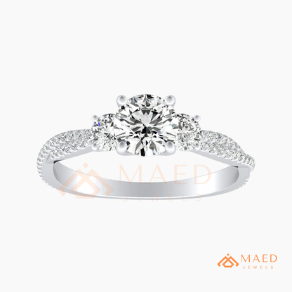 Round Cut 3-Stone Engagement Ring with Twisted Pavé Band in Silver, 14K Gold, & 14K Rose Gold