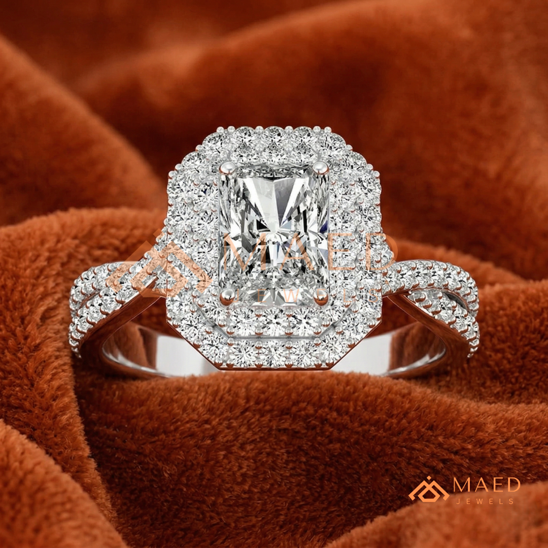 Radiant Cut Double Halo Engagement Ring with Twisted Band | 14k White Gold 14k Rose Gold,14K GOLD