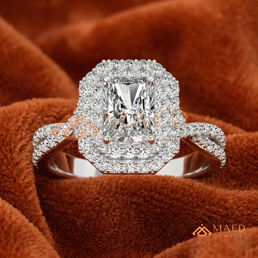 Radiant Cut Double Halo Engagement Ring with Twisted Band | 14k White Gold 14k Rose Gold,14K GOLD