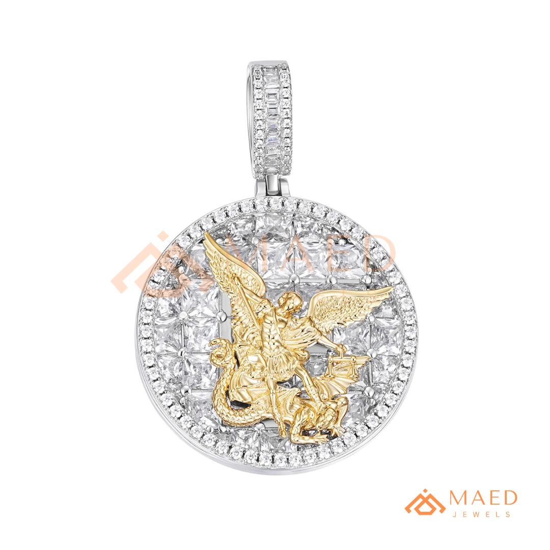 Saint Michael Medallion Pendant – Trillion Cut & Baguette Hip Hop Necklace