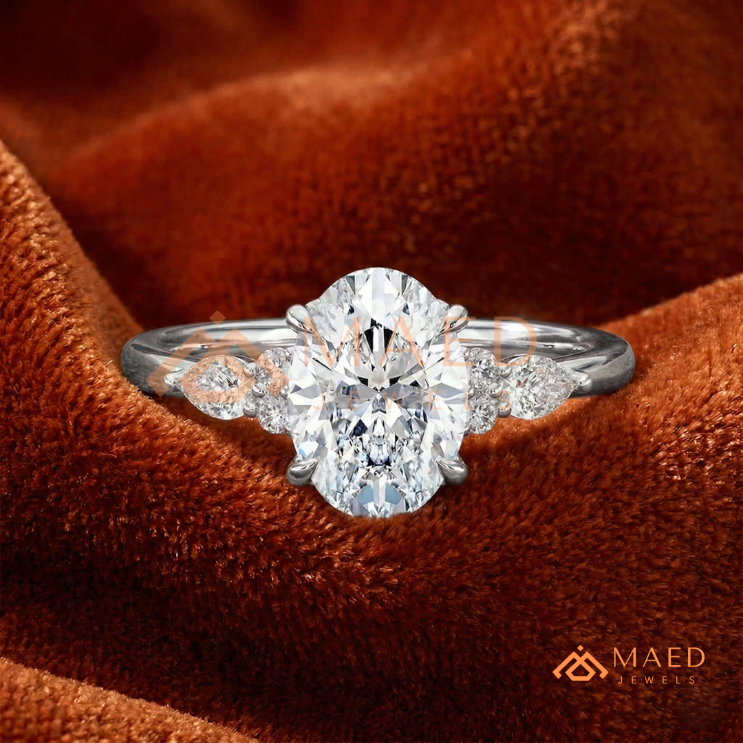Oval Cut Cluster Engagement Ring | Pear & Round Side Stones in 14K Gold & Silver