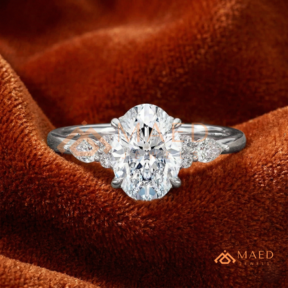 Oval Cut Cluster Engagement Ring | Pear & Round Side Stones in 14K Gold & Silver