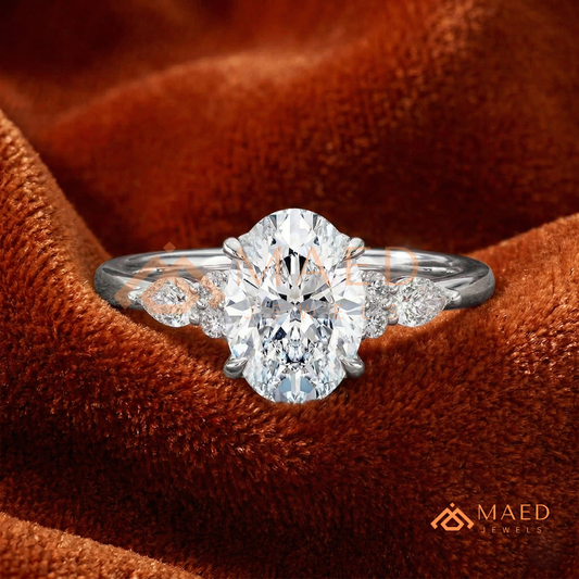 Oval Cut Cluster Engagement Ring | Pear & Round Side Stones in 14K Gold & Silver