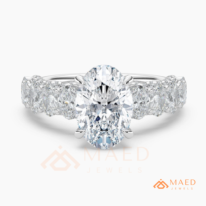 Elongated Oval Cut Engagement Ring with Oval Accent Band | 14k Gold, Rose Gold & Silver