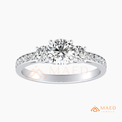 Round Cut 3-Stone Engagement Ring in 14K Gold, Rose Gold & Silver | Classic Three Stone Pave Moissanite Ring for Women