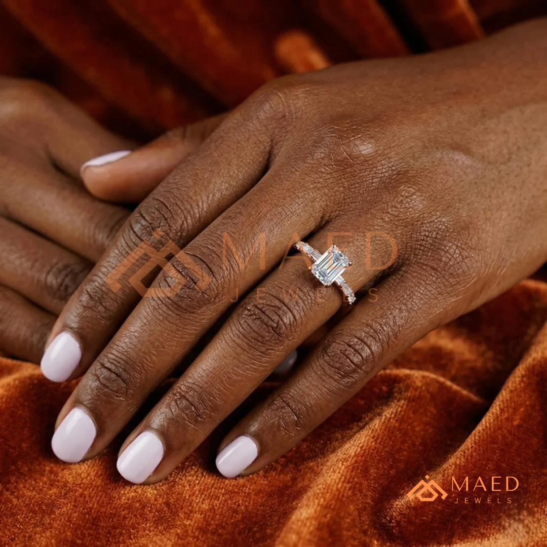 Classic Emerald Cut Solitaire Ring with Emerald Band Eternity Shank