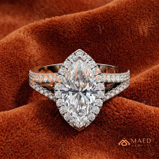 Marquise Cut Halo Engagement Ring | Split Shank Pave Band in 14K Gold & Silver
