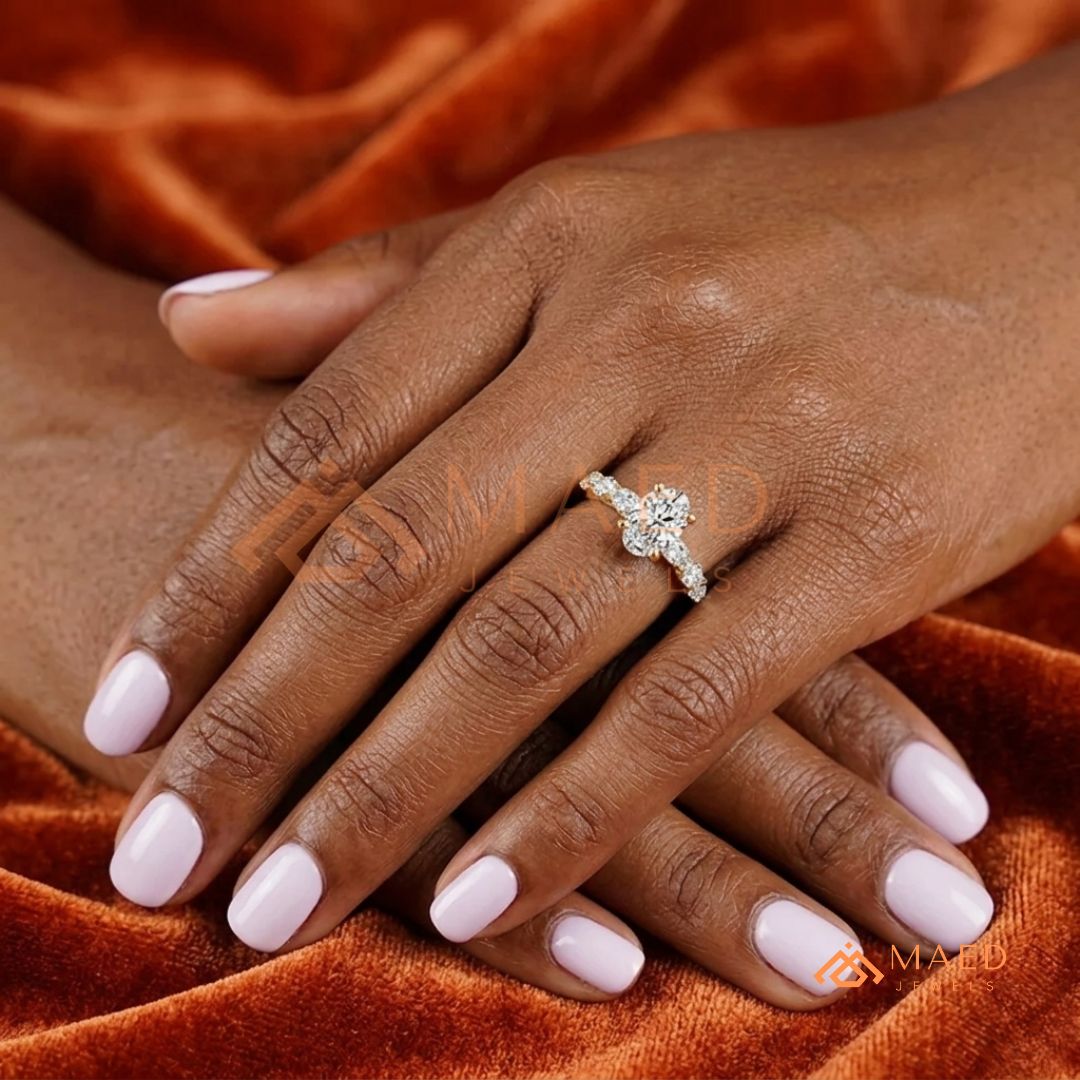 Oval Cut Engagement Ring with Large Round Accent Band | 14K Gold & Silver Shared Prong