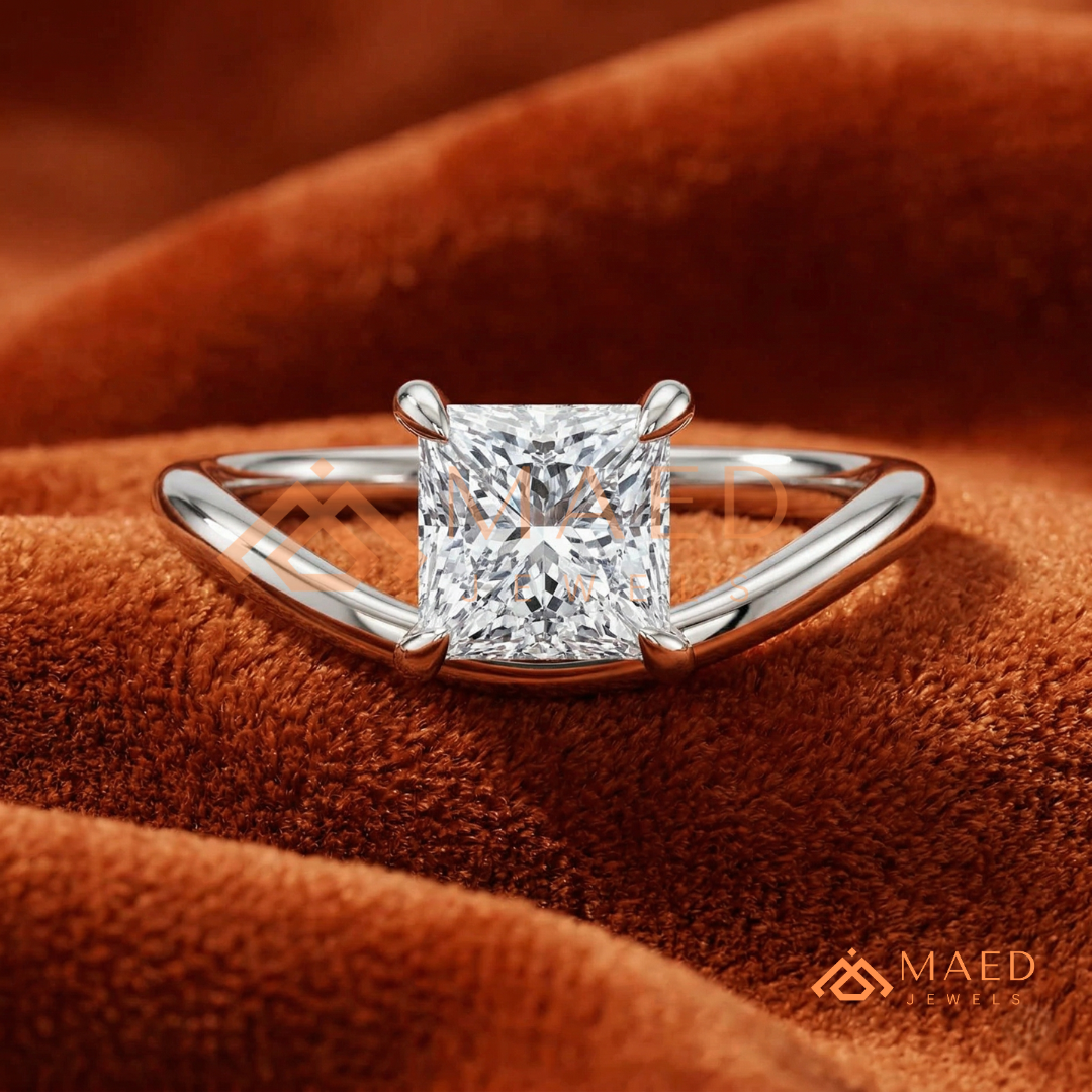 Princess Cut V-Band Solitaire Engagement Ring in 14K Gold, Rose Gold & Silver
