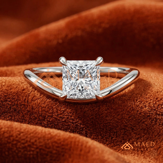 Princess Cut V-Band Solitaire Engagement Ring in 14K Gold, Rose Gold & Silver