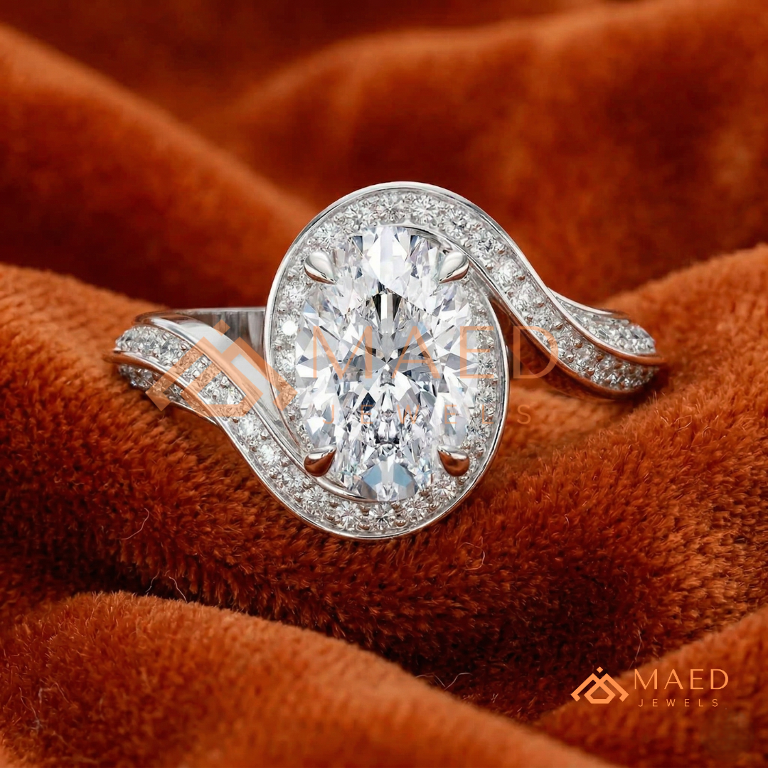 Oval Cut Bypass Halo Engagement Ring | Swirl Pavé Band in 14k Gold, Rose Gold & Silver
