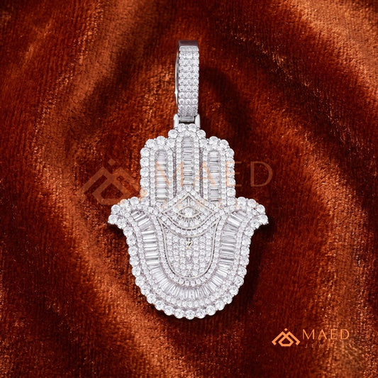 Iced-Out Hamsa Hand Pendant with Star of David & Menorah – Premium Micro-Pave Finish