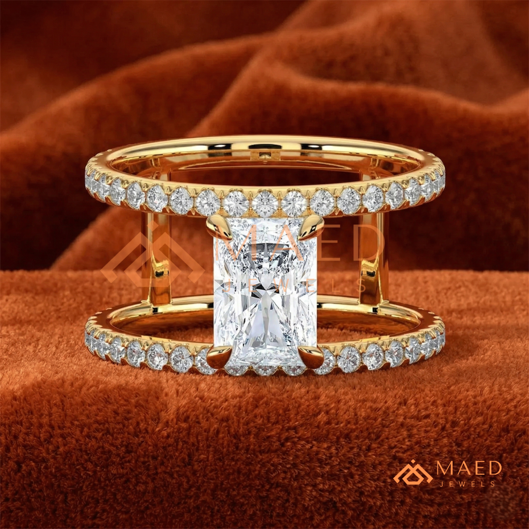 Radiant Cut Double Band Engagement Ring | Floating Open Spacer Pavé Cuff