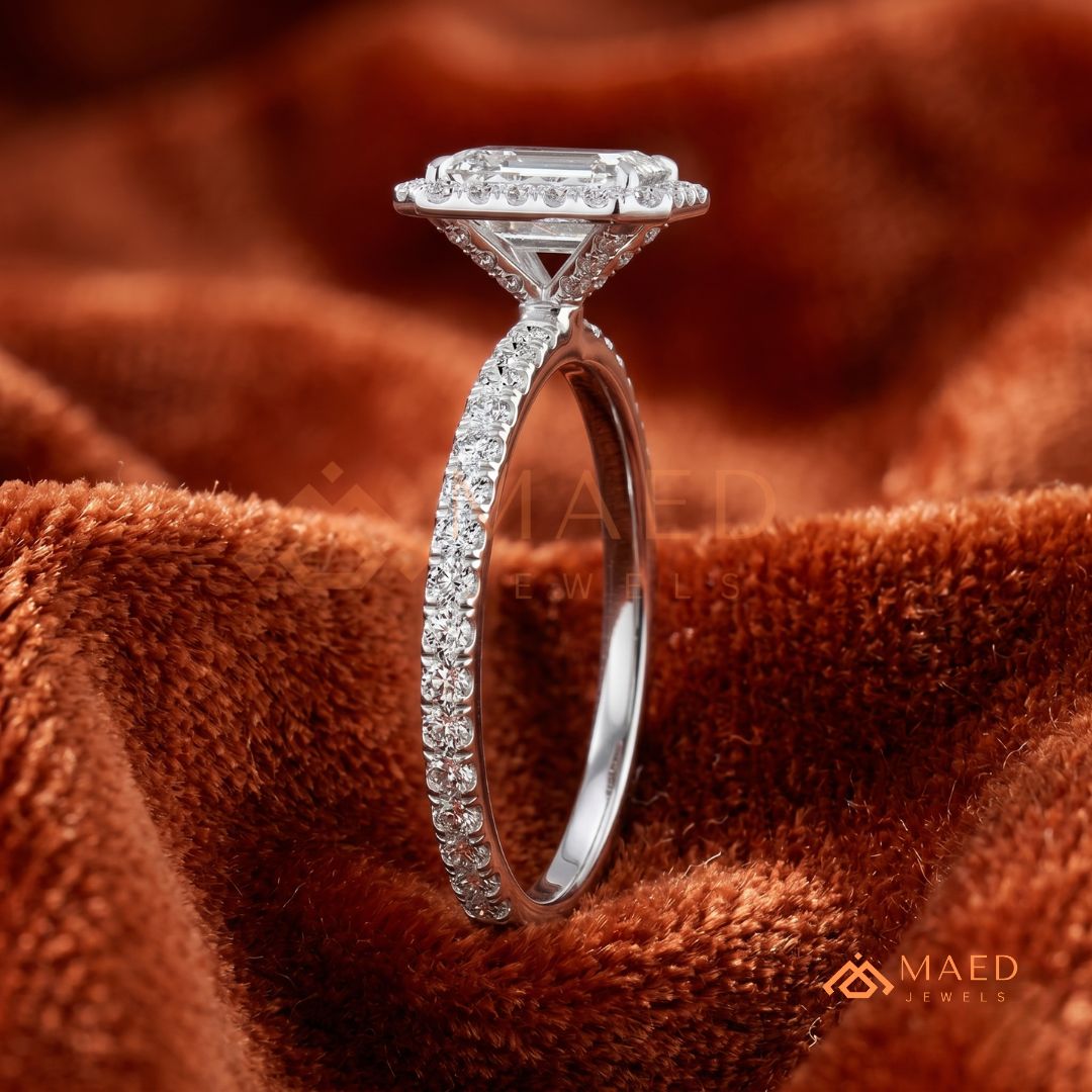 Emerald Cut Halo Engagement Ring in Sterling Silver, 14K Gold & 14K Rose Gold