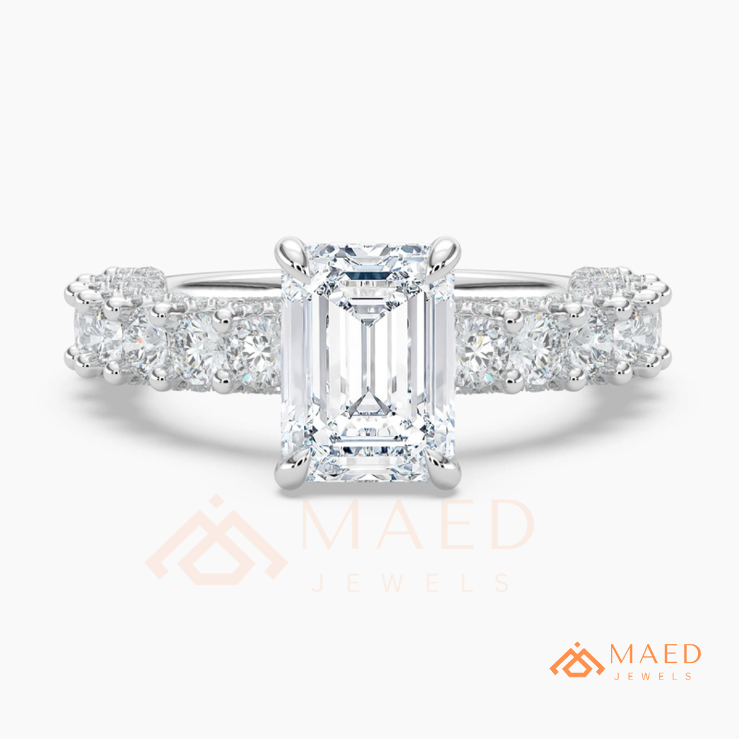Emerald Cut Engagement Ring with Large Round Accent Band in Silver, 14K Gold, & 14K Rose Gold