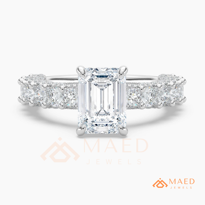 Emerald Cut Engagement Ring with Large Round Accent Band in Silver, 14K Gold, & 14K Rose Gold
