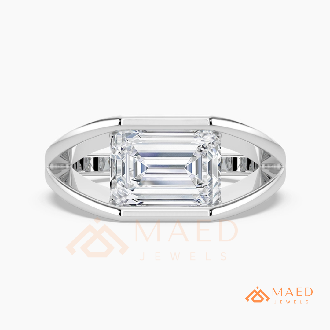 East West Emerald Cut Engagement Ring | Modern Architectural Bezel Ring | 14K Gold, Rose Gold & Sterling Silver