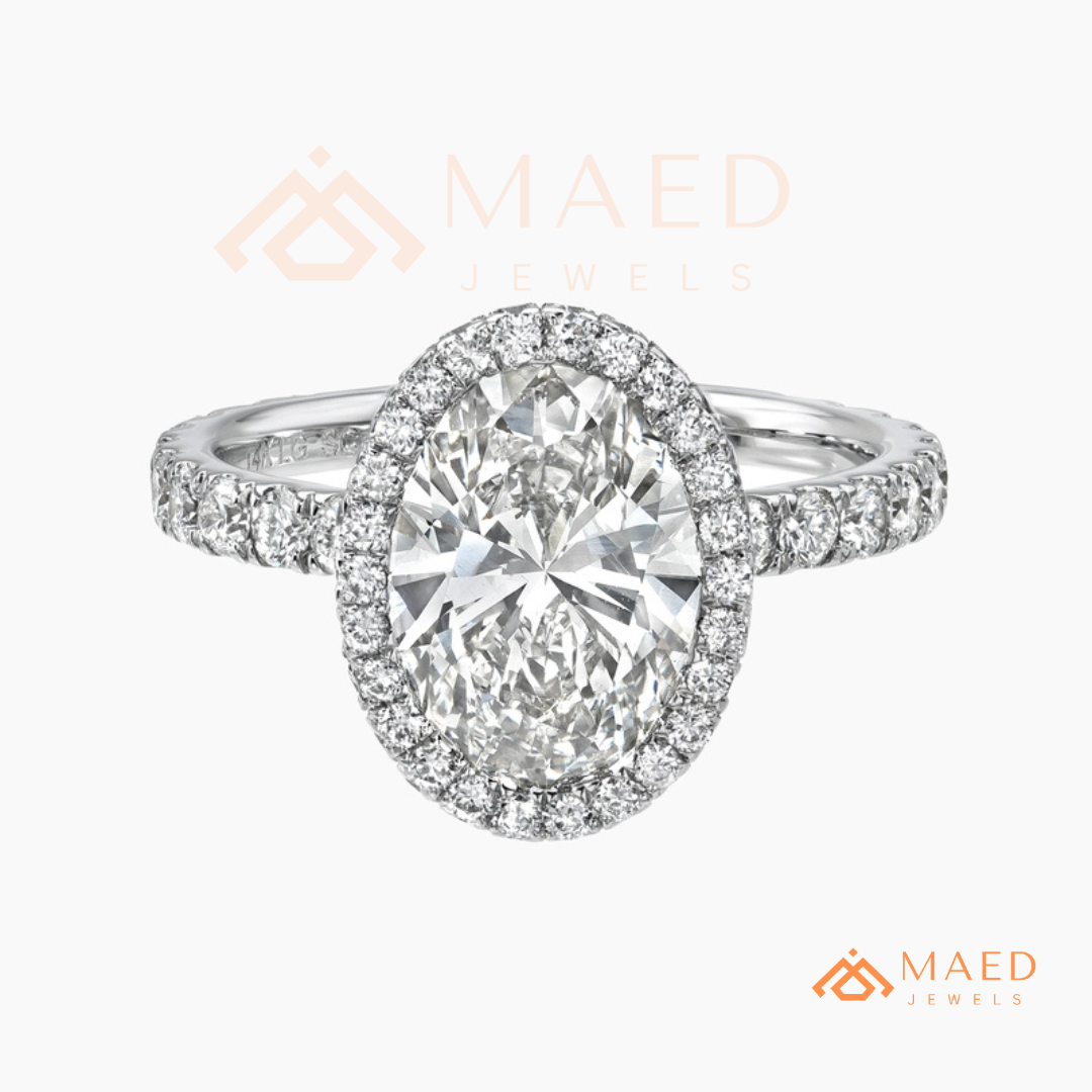 Oval Cut Halo Engagement Ring with Pavé Band in Silver, 14K Gold, & 14K Rose Gold