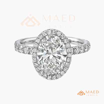 Oval Cut Halo Engagement Ring with Pavé Band in Silver, 14K Gold, & 14K Rose Gold