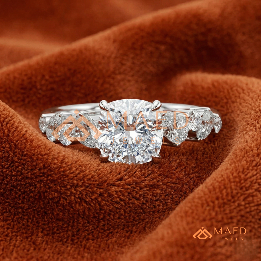 Cushion Cut Engagement Ring with Pear Accent Band in Silver, 14K Gold, & 14K Rose Gold