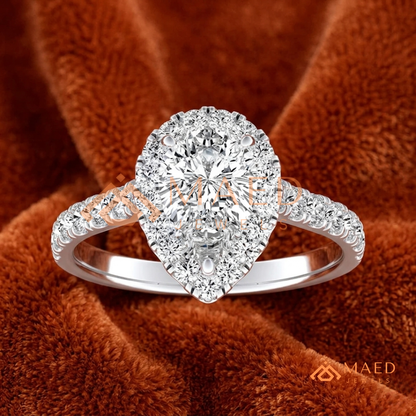 Pear Cut Halo Engagement Ring with Pave Band