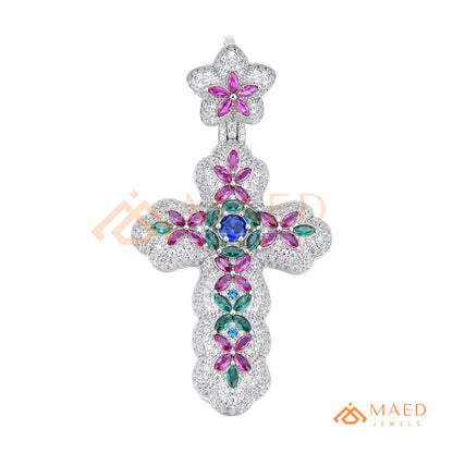 Iced Out Baroque Cross Statement Pendant with Pink & Green Stones