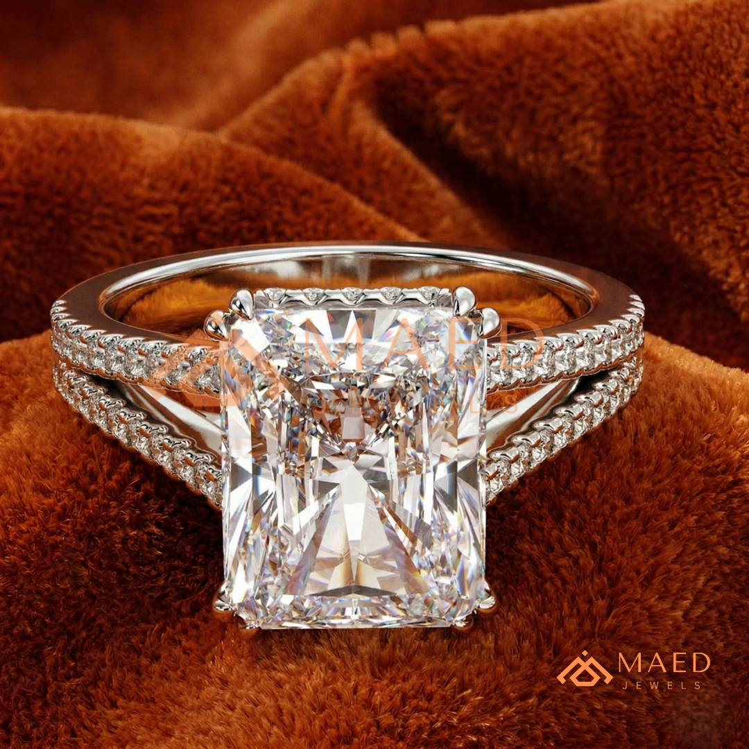 Radiant Cut Engagement Ring with Split Shank Pavé Band in Silver, 14K Gold, & 14K Rose Gold