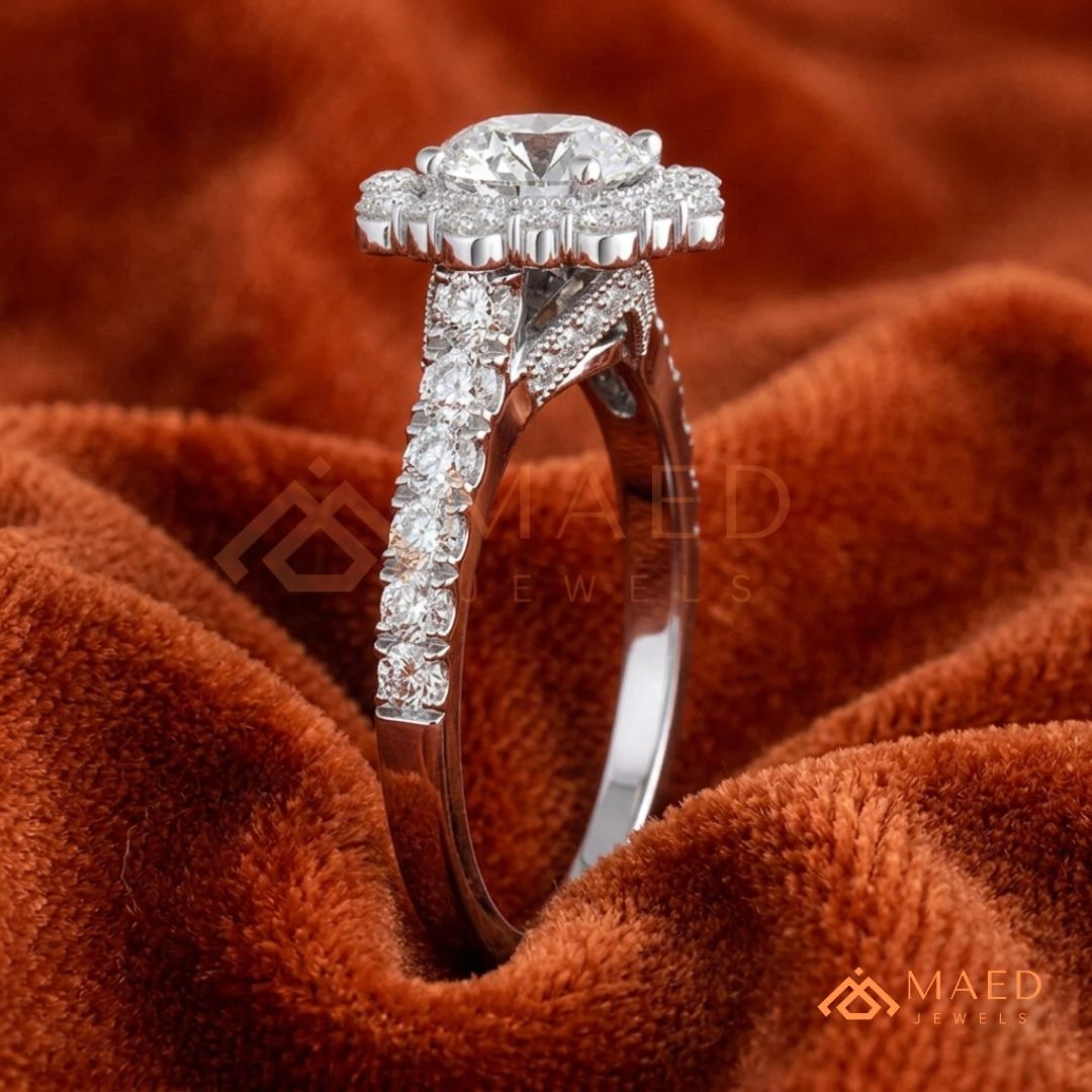 Floral Halo Engagement Ring – Round Brilliant Cut Diamond Ring